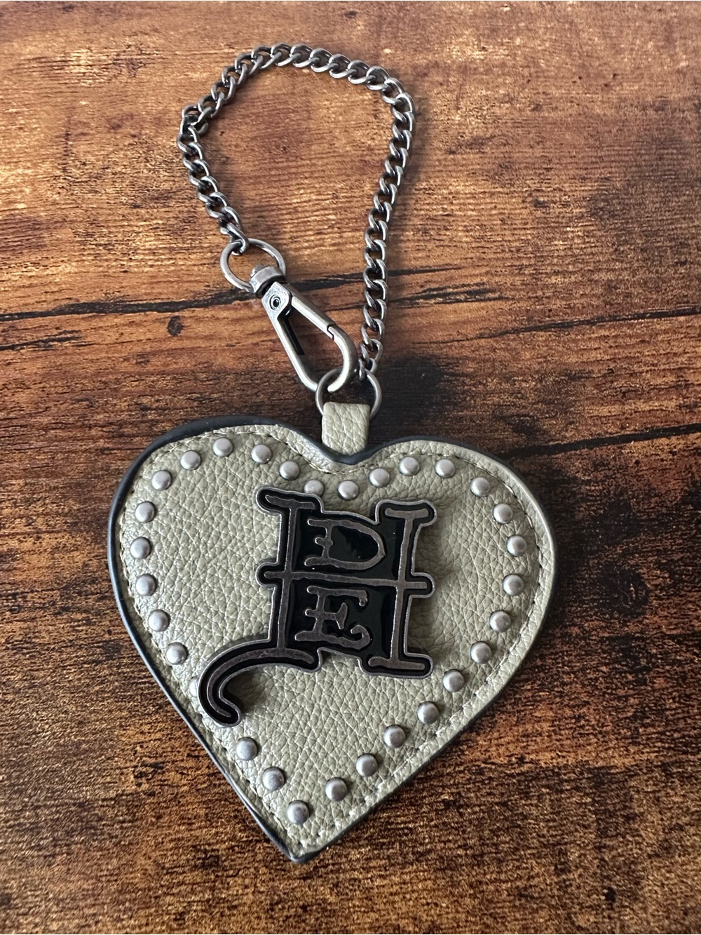 Ed Hardy Heart-Shaped Faux Leather Bag Charm Keychain Olive Green w/ Studs NWOT